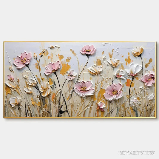 BUYARTVIEW Field of Dreams – Horizontal Impasto Painting of Pink and White Flowers, Golden Field, Textured - image 1