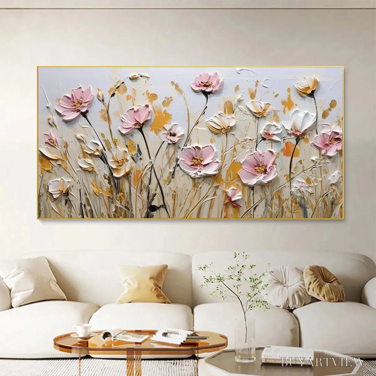 BUYARTVIEW Field of Dreams – Horizontal Impasto Painting of Pink and White Flowers, Golden Field, Textured - image 2