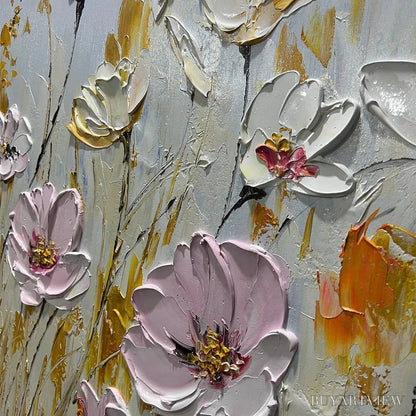 BUYARTVIEW Field of Dreams – Horizontal Impasto Painting of Pink and White Flowers, Golden Field, Textured - image 3