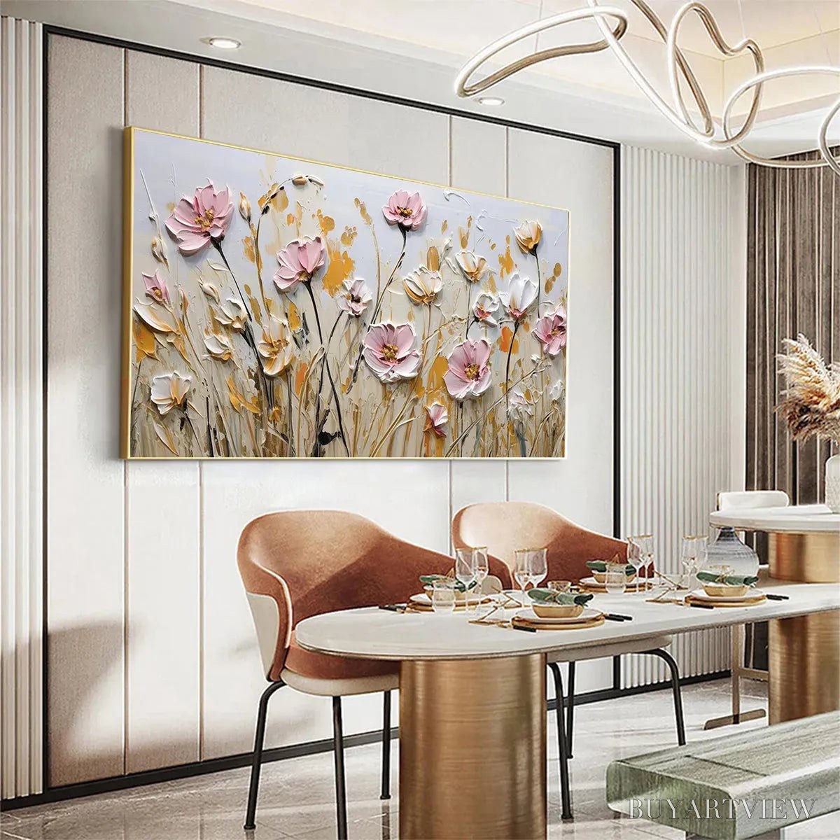 BUYARTVIEW Field of Dreams – Horizontal Impasto Painting of Pink and White Flowers, Golden Field, Textured - image 4