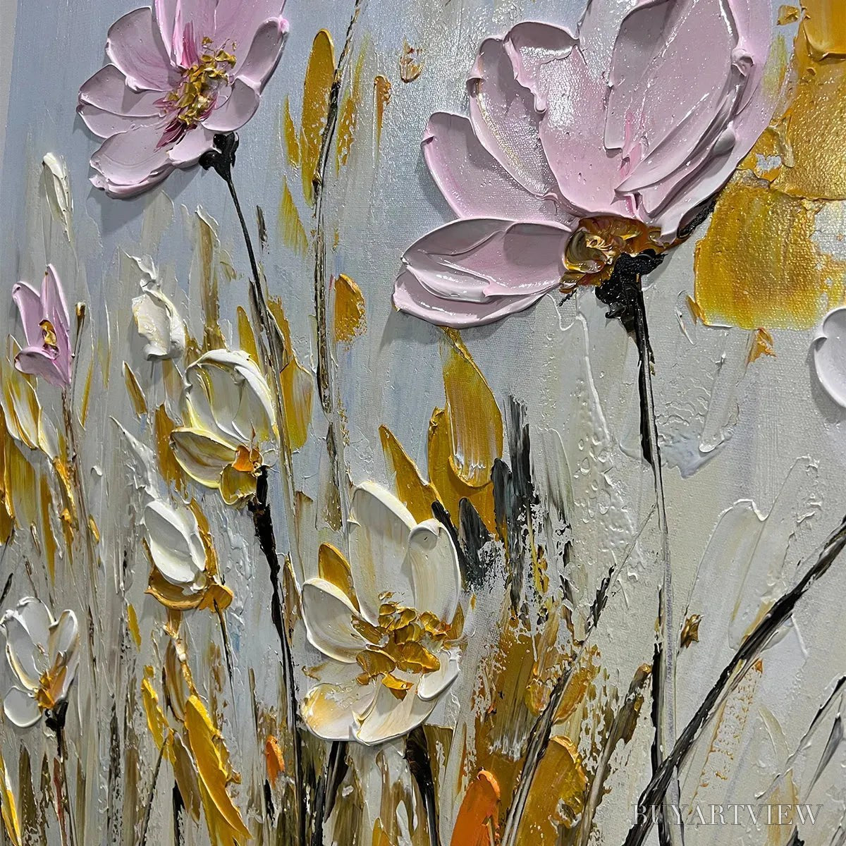 BUYARTVIEW Field of Dreams – Horizontal Impasto Painting of Pink and White Flowers, Golden Field, Textured - image 5