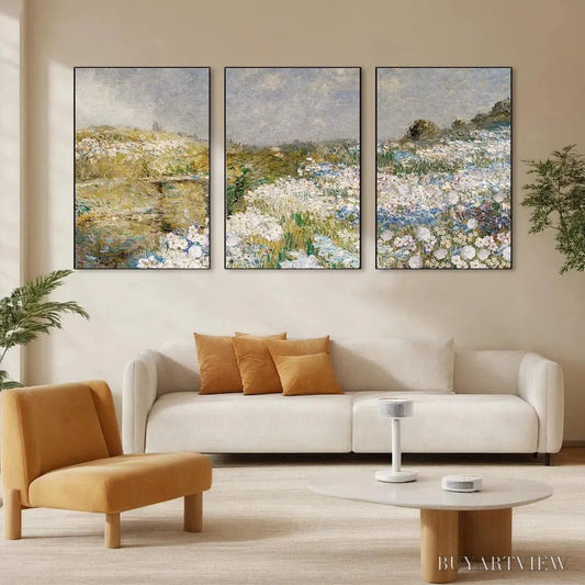 BUYARTVIEW Wildflower Field Triptych – Impressionist Landscape Painting Set of 3 - image 1