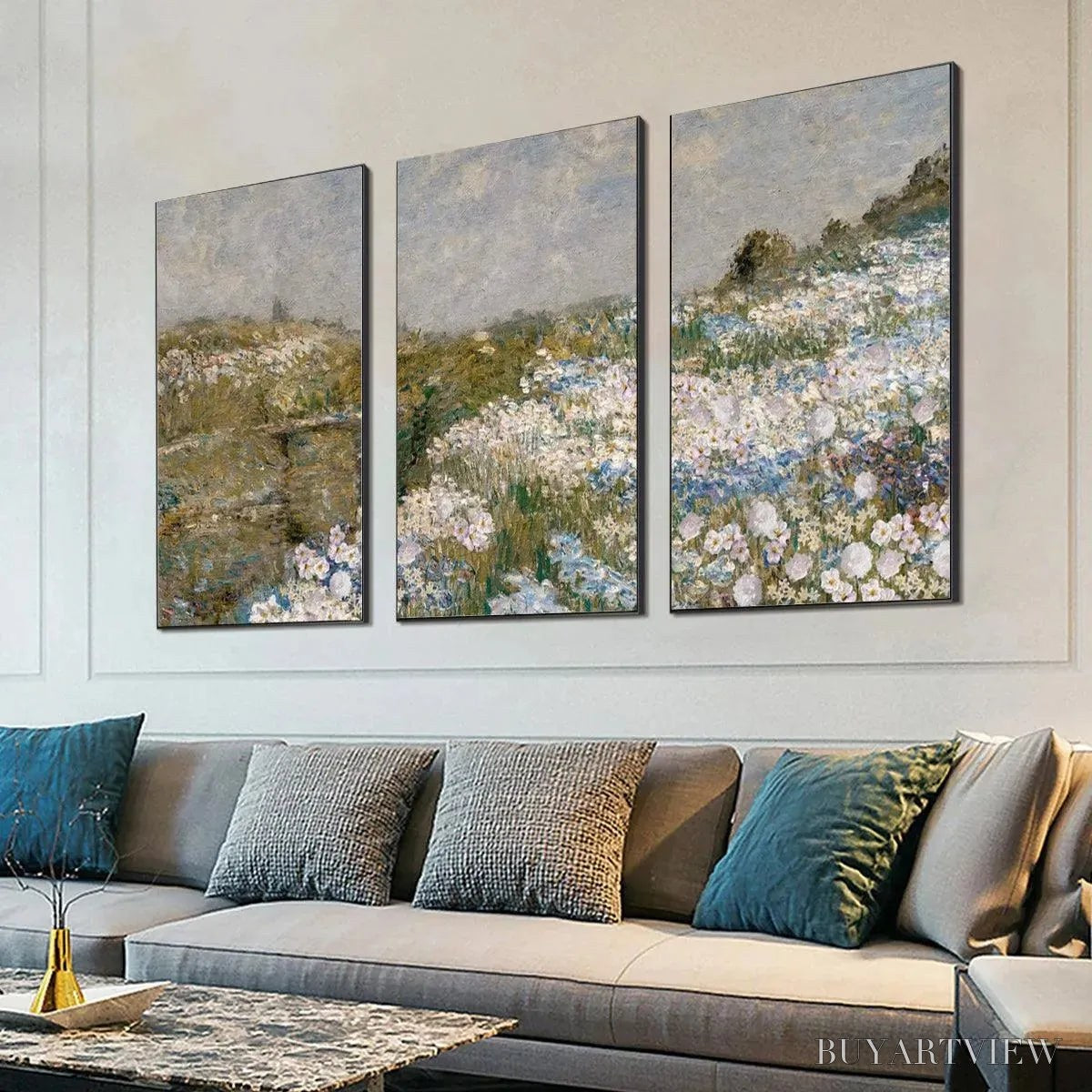 BUYARTVIEW Wildflower Field Triptych – Impressionist Landscape Painting Set of 3 - image 2