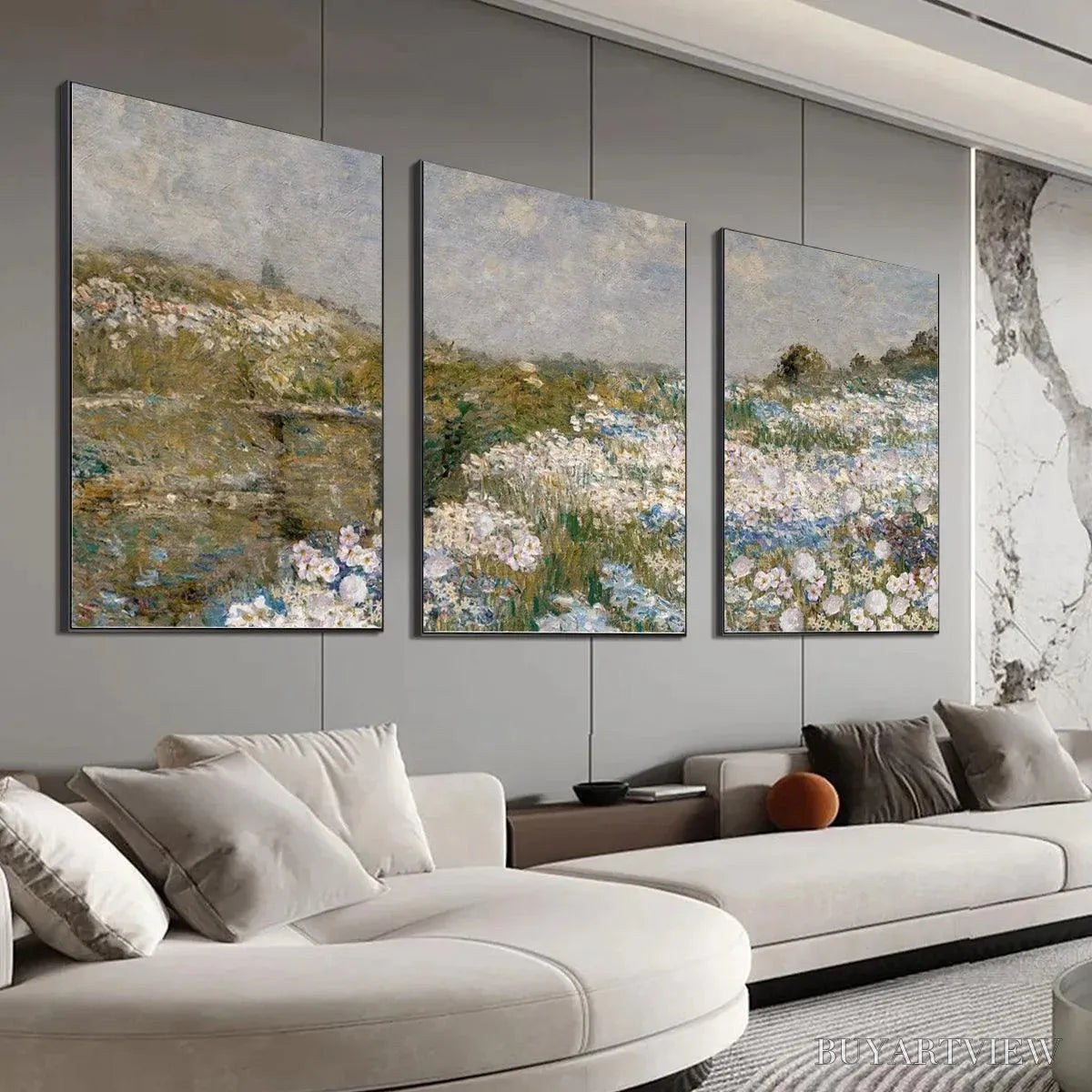BUYARTVIEW Wildflower Field Triptych – Impressionist Landscape Painting Set of 3 - image 5