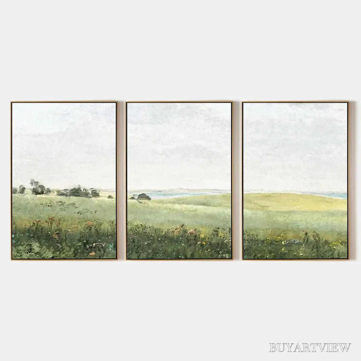 BUYARTVIEW Green Field Triptych – Minimalist Landscape Painting Set of 3 - image 1