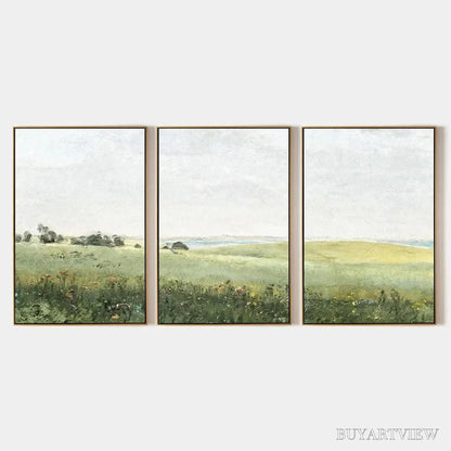 BUYARTVIEW Green Field Triptych – Minimalist Landscape Painting Set of 3 - image 1