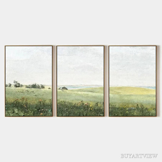 BUYARTVIEW Green Field Triptych – Minimalist Landscape Painting Set of 3 - image 1