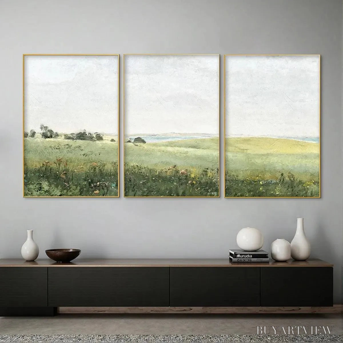 BUYARTVIEW Green Field Triptych – Minimalist Landscape Painting Set of 3 - image 2
