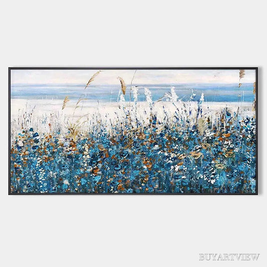 BUYARTVIEW Blue Dunes – Coastal Landscape Painting with Blue Flowers - image 1