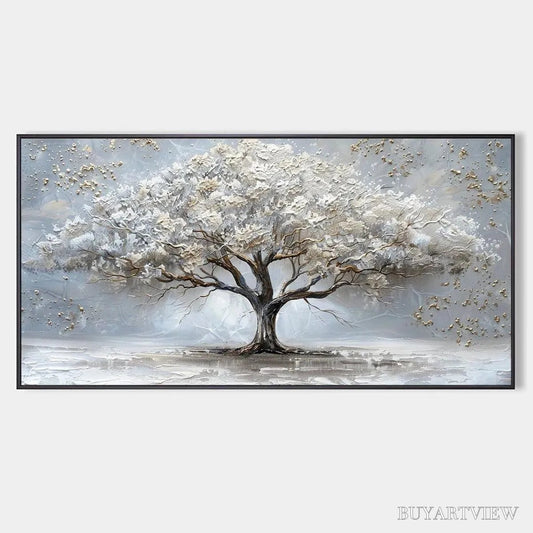 BUYARTVIEW Silver Lining – Textured White and Gold Tree Painting on Grey Background - image 1