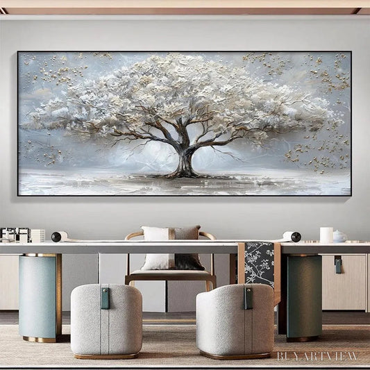 BUYARTVIEW Silver Lining – Textured White and Gold Tree Painting on Grey Background - image 2