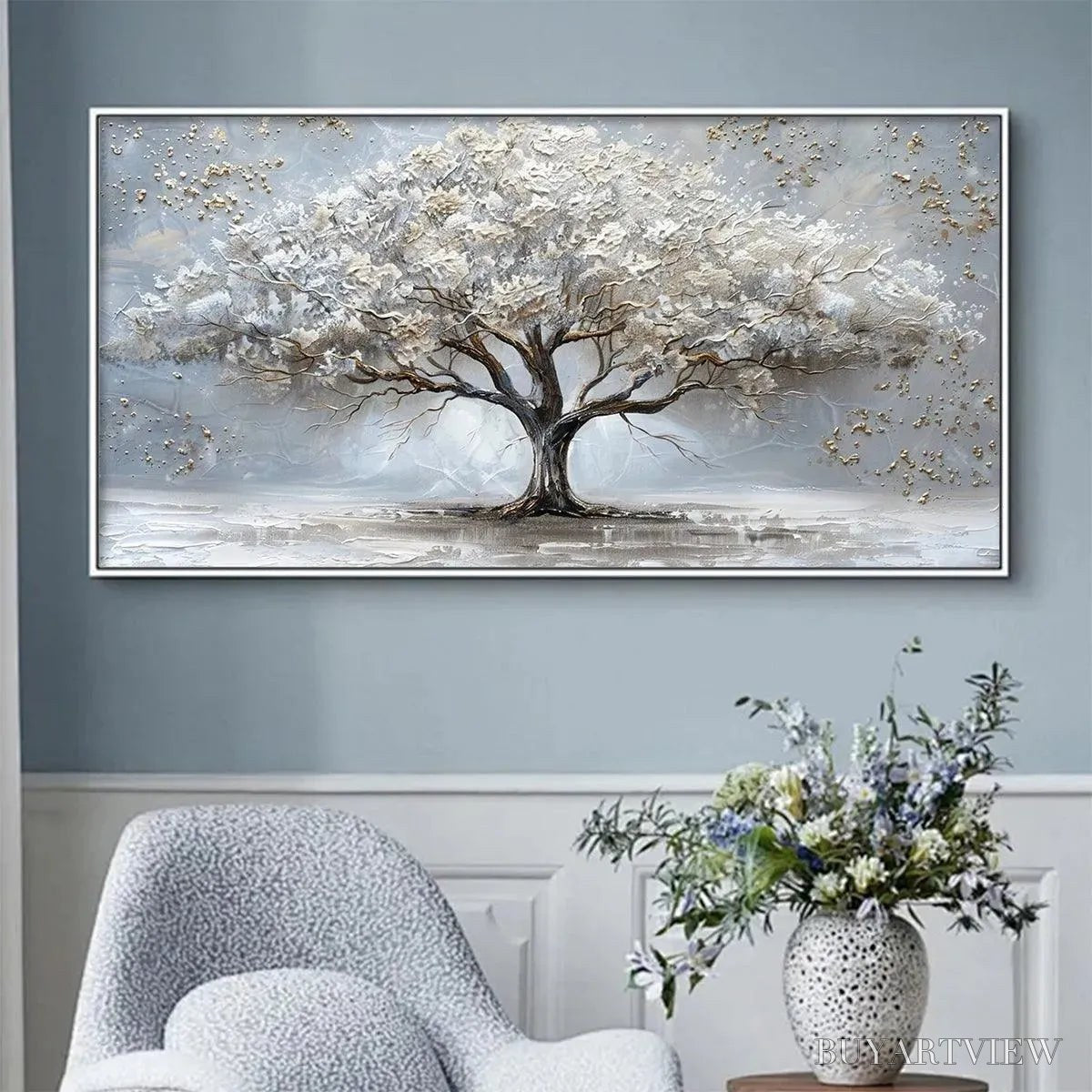BUYARTVIEW Silver Lining – Textured White and Gold Tree Painting on Grey Background - image 4