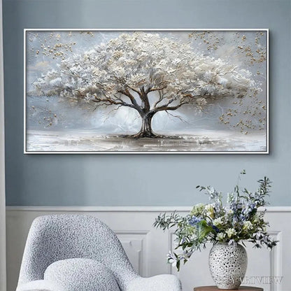 BUYARTVIEW Silver Lining – Textured White and Gold Tree Painting on Grey Background - image 4