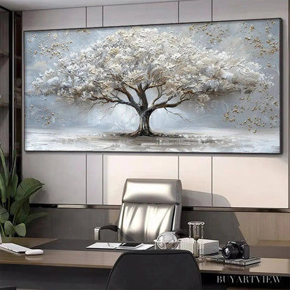 BUYARTVIEW Silver Lining – Textured White and Gold Tree Painting on Grey Background - image 6