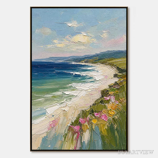BUYARTVIEW Coastal Bloom – Vertical Textured Seascape Painting of a Blooming Coast - image 1