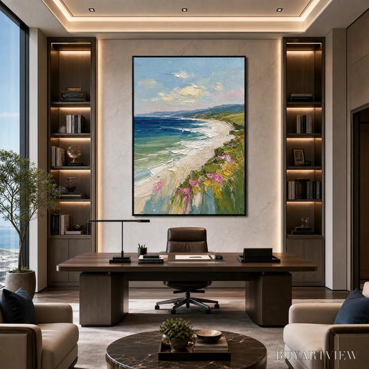 BUYARTVIEW Coastal Bloom – Vertical Textured Seascape Painting of a Blooming Coast - image 2