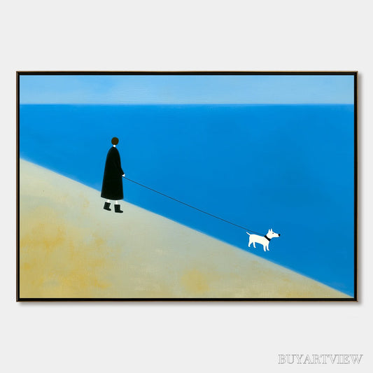 BUYARTVIEW Shoreline Minimalist Beach Scene with Dog Original Oil Painting - image 1