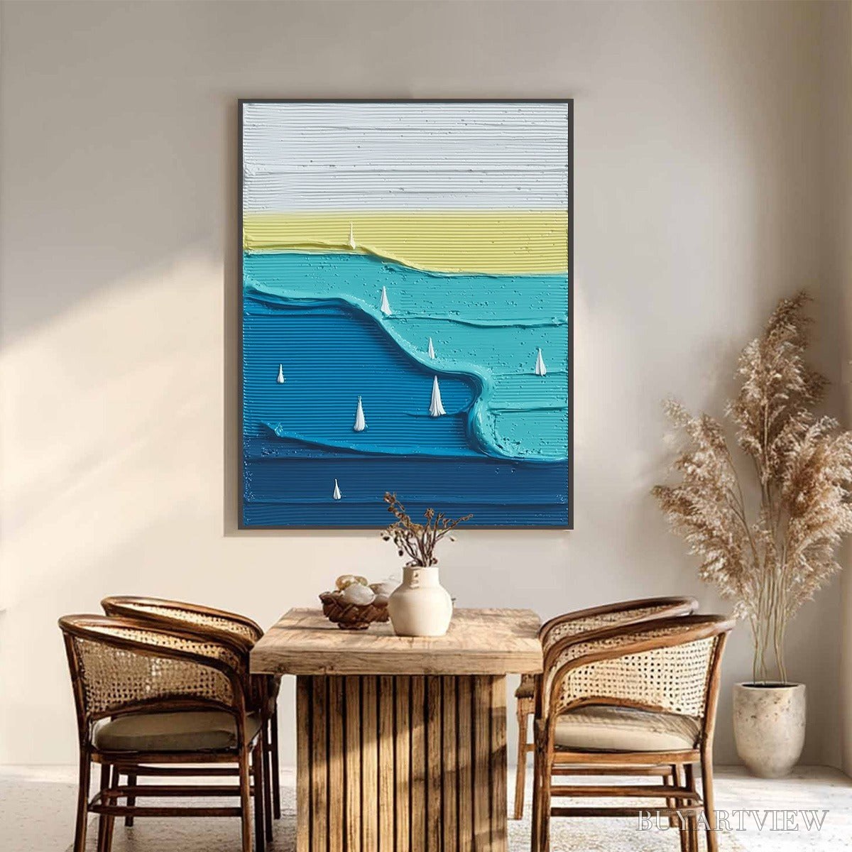 BUYARTVIEW Sailboat Serenity – Textured Minimalist Abstract Seascape Painting - image 2