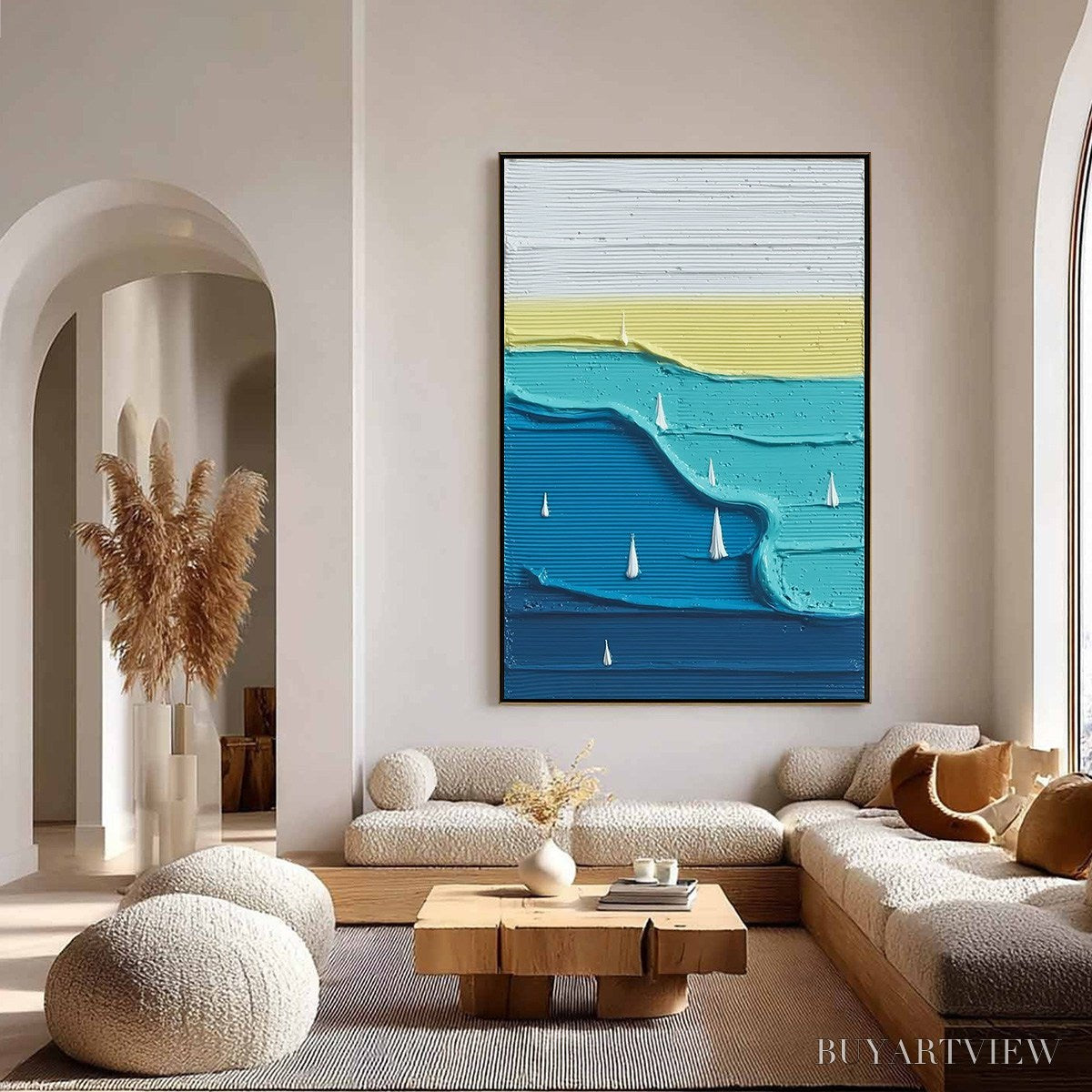 BUYARTVIEW Sailboat Serenity – Textured Minimalist Abstract Seascape Painting - image 4