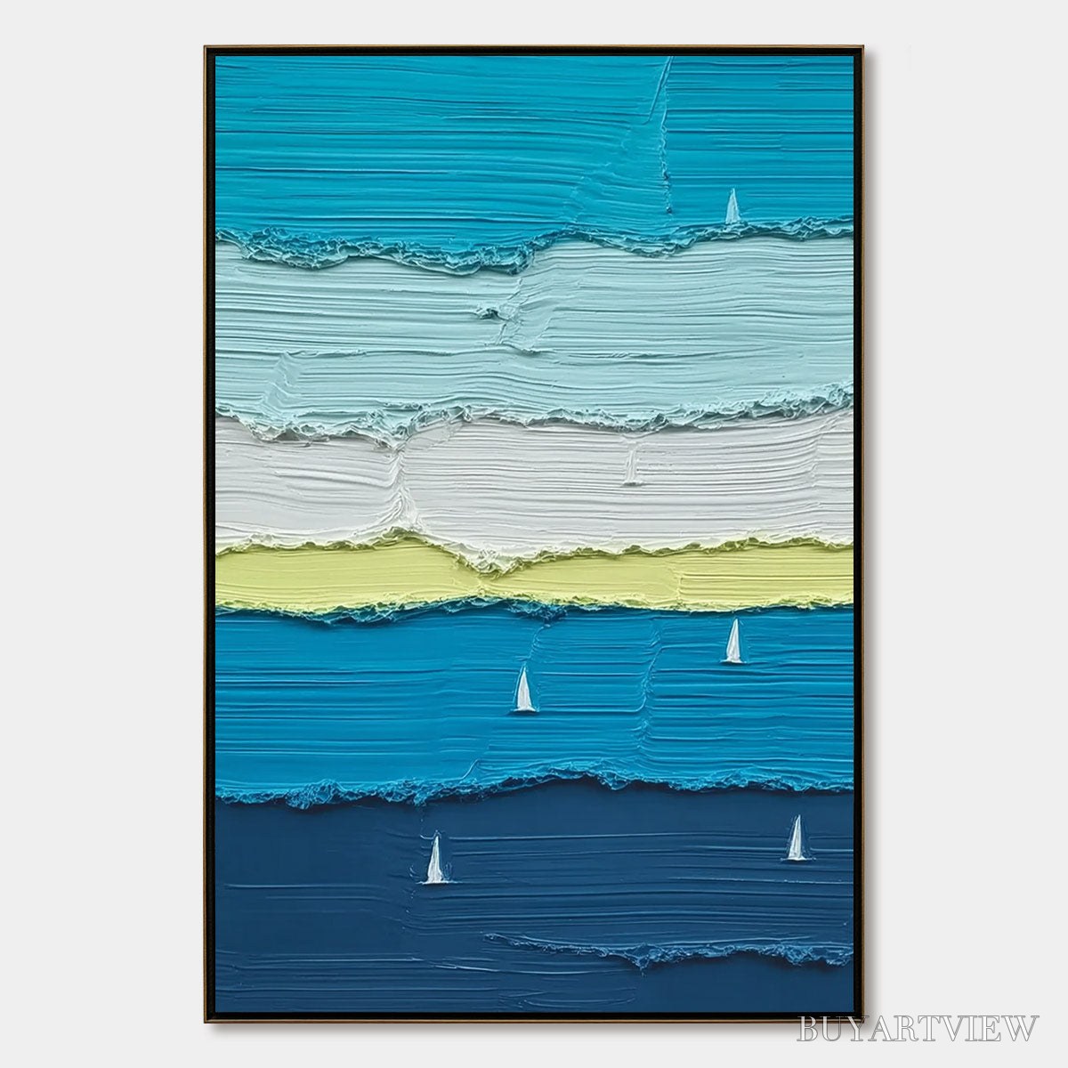 BUYARTVIEW Azure Regatta – Textured Vertical Seascape with Sailboats - image 1
