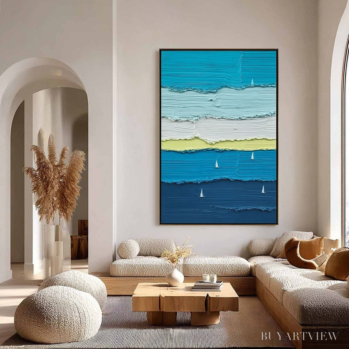 BUYARTVIEW Azure Regatta – Textured Vertical Seascape with Sailboats - image 4