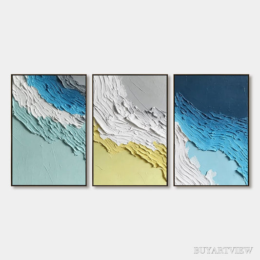 BUYARTVIEW Coastal Rhythm – Textured Abstract Triptych of a Serene Seascape - image 1