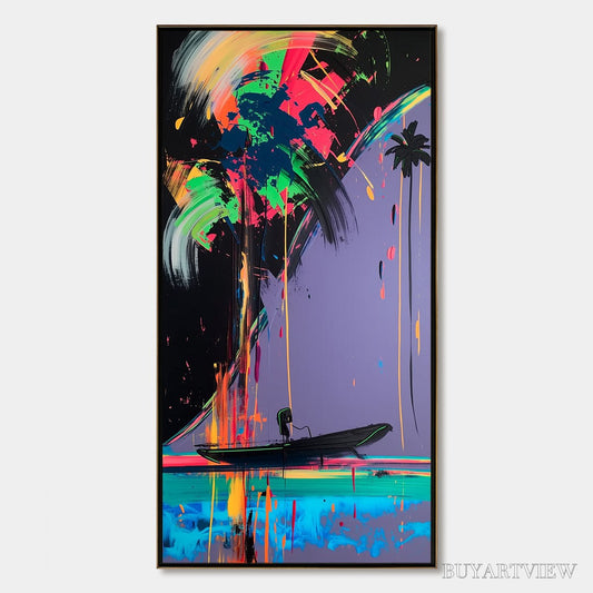 BUYARTVIEW Neon Tide – Vibrant Abstract Vertical Beach & Sea Painting - image 1