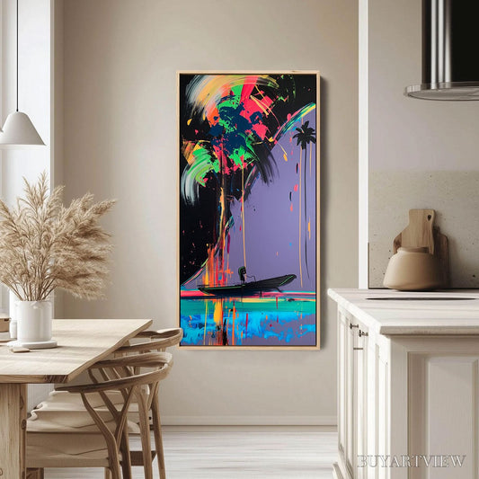 BUYARTVIEW Neon Tide – Vibrant Abstract Vertical Beach & Sea Painting - image 2