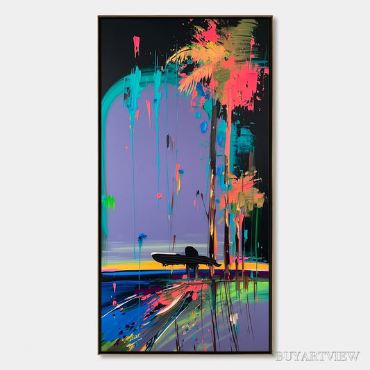 BUYARTVIEW Coastal Rush – Vibrant Abstract Surfer and Palm Tree Oil Painting - image 1