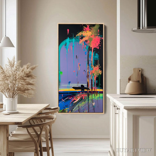 BUYARTVIEW Coastal Rush – Vibrant Abstract Surfer and Palm Tree Oil Painting - image 2