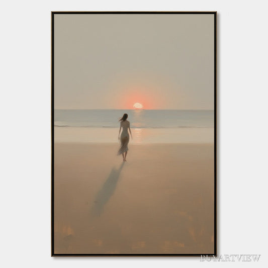 BUYARTVIEW Golden Hour Solace – Minimalist Wabi Sabi Beach Scene Oil Painting - image 1