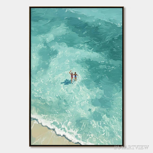 BUYARTVIEW Ocean Embrace – Aerial View Beach Scene with Swimmers Oil Painting - image 1