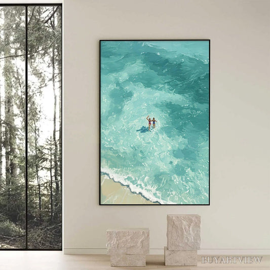 BUYARTVIEW Ocean Embrace – Aerial View Beach Scene with Swimmers Oil Painting - image 2