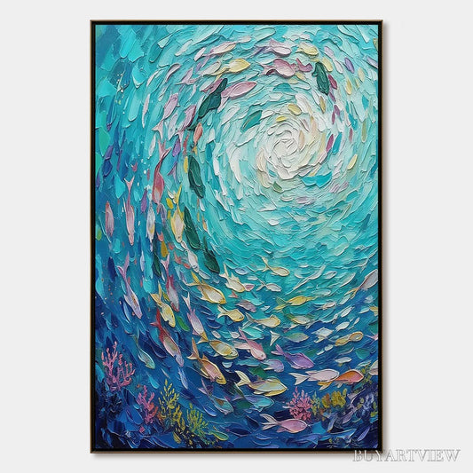 BUYARTVIEW Azure Whirlpool – Textured Impasto Painting of a Vibrant Fish School - image 1