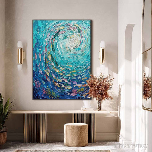 BUYARTVIEW Azure Whirlpool – Textured Impasto Painting of a Vibrant Fish School - image 2