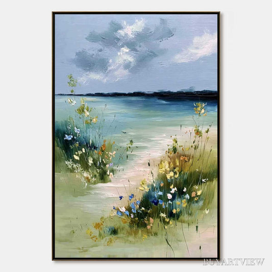 BUYARTVIEW Coastal Serenity – Textured Vertical Seascape Painting with Wildflowers - image 1
