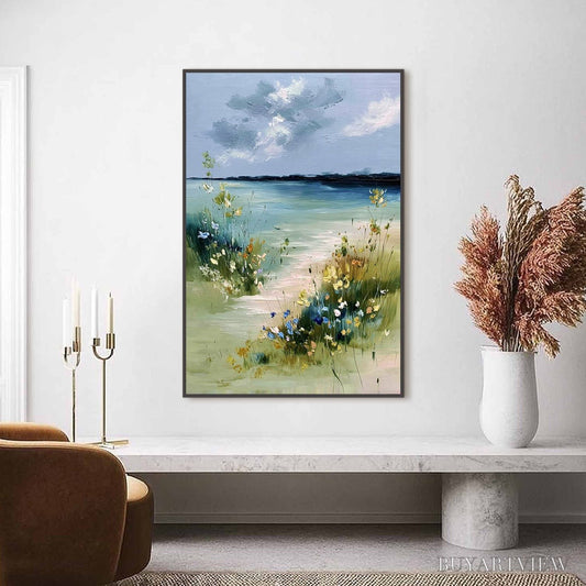 BUYARTVIEW Coastal Serenity – Textured Vertical Seascape Painting with Wildflowers - image 2