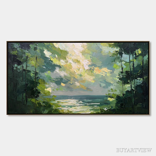 BUYARTVIEW Emerald Overlook – Textured Palette Knife Seascape Forest Painting - image 1