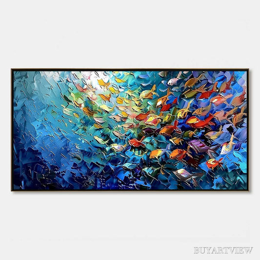 BUYARTVIEW Coral Rush – Textured Impasto Painting of a Vibrant School of Fish - image 1