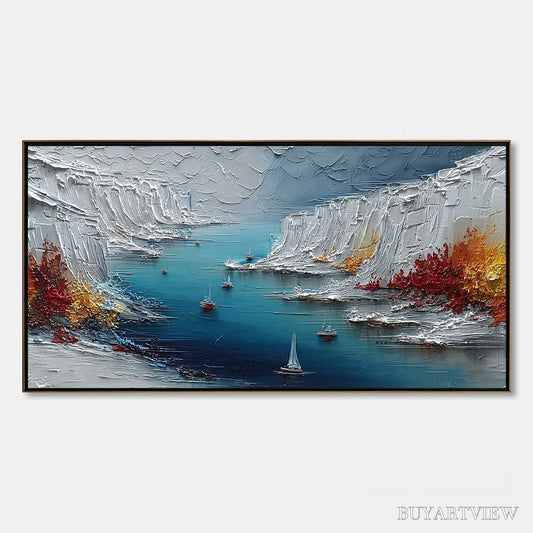 BUYARTVIEW Crimson Fjord – Heavily Textured Palette Knife Coastal Landscape Painting - image 1