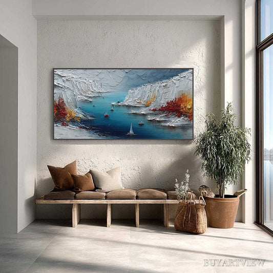 BUYARTVIEW Crimson Fjord – Heavily Textured Palette Knife Coastal Landscape Painting - image 2