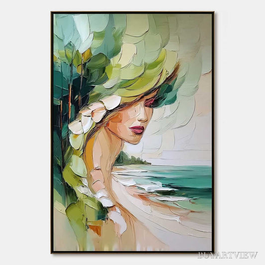 BUYARTVIEW Coastal Muse – Textured Impasto Portrait Painting of a Woman by the Sea - image 1