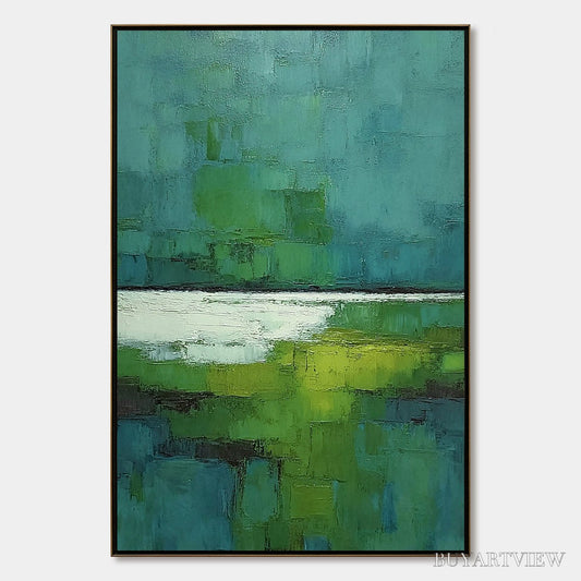 BUYARTVIEW Verdant Shore – Textured Green and Teal Abstract Landscape Painting - image 1