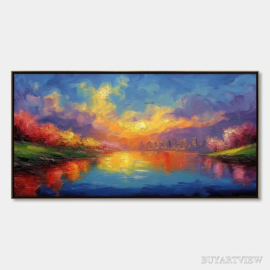 BUYARTVIEW Vibrant Horizon – Textured Impasto Cityscape Sunset Painting - image 1