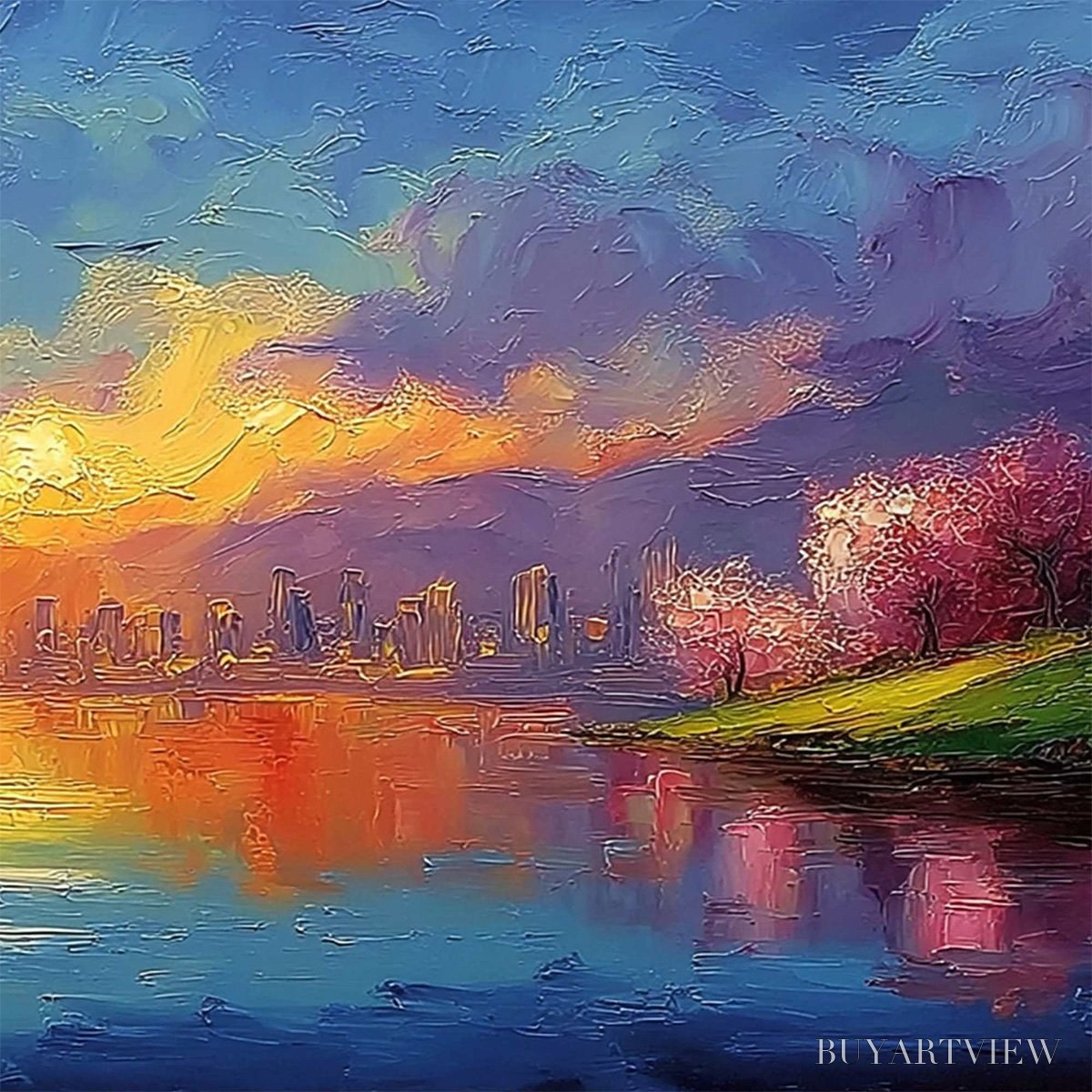 BUYARTVIEW Vibrant Horizon – Textured Impasto Cityscape Sunset Painting - image 5