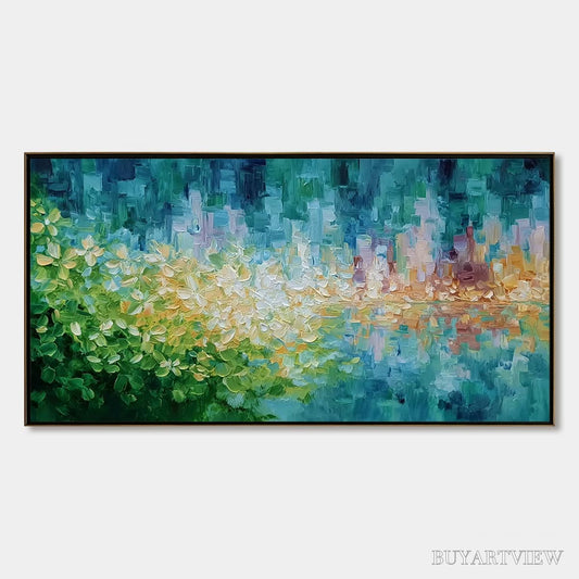 BUYARTVIEW Verdant Echo – Textured Impasto Painting of a Lakeside Reflection - image 1
