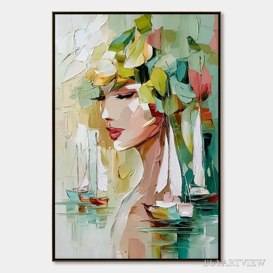 BUYARTVIEW Ocean'S Muse – Textured Palette Knife Portrait Painting with Seascape - image 1