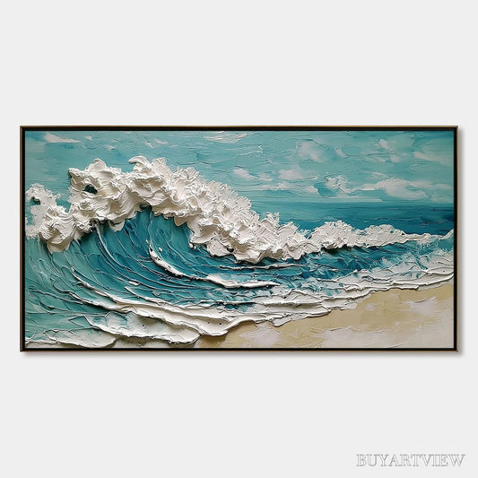 BUYARTVIEW Azure Crest – Heavily Textured Impasto Ocean Wave Oil Painting - image 1