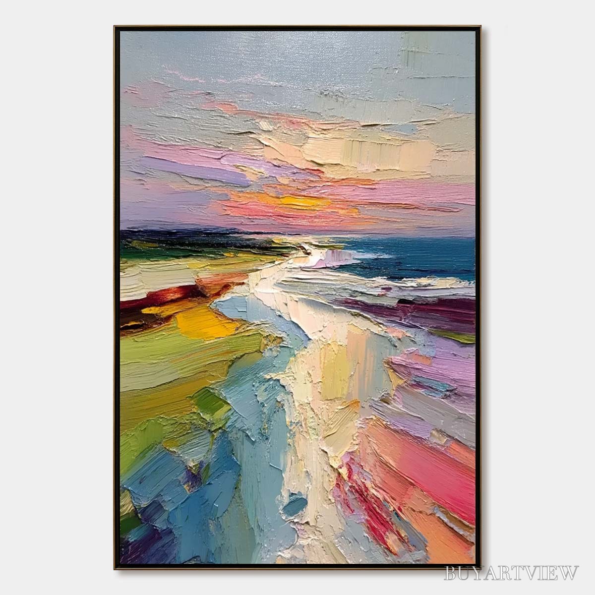 BUYARTVIEW Coastal Embrace – Textured Vertical Coastal Landscape Impasto Painting - image 1
