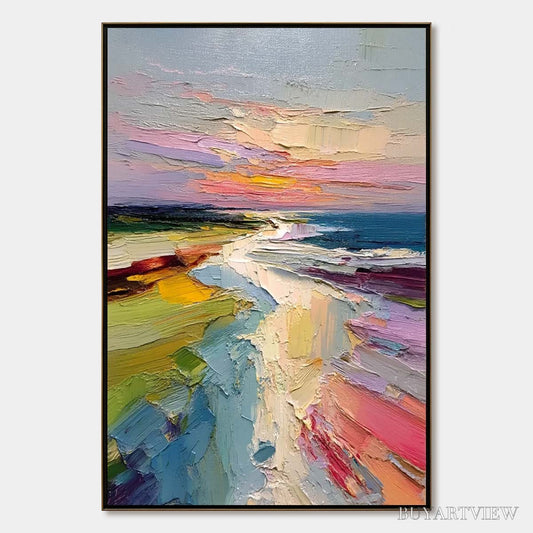 BUYARTVIEW Coastal Embrace – Textured Vertical Coastal Landscape Impasto Painting - image 1